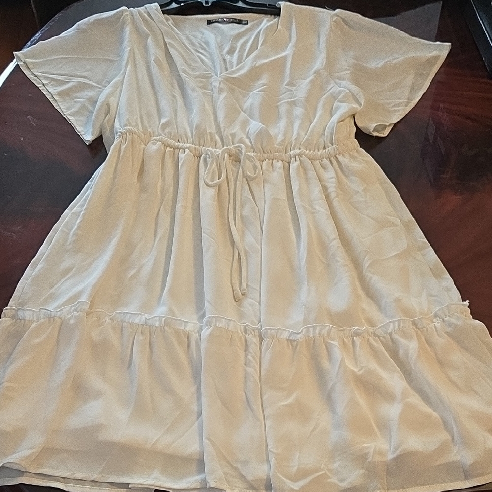 Women’s Cream Casual Tiered Drawstring Waist Dress